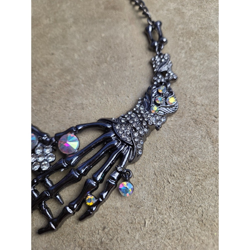 Skeleton Hand Heart Bling Necklace Earrings Dark Silver Tone Punk Goth-GunMetal - Picture 6 of 8